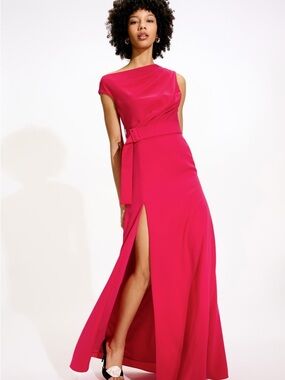 Black Halo One-Shoulder Hot Pink Gown with Side Slit